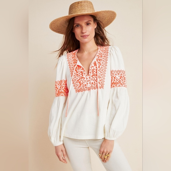 Maeve By Anthropologie Embroidered Cream and Pink Women's Top - Picture 1 of 13